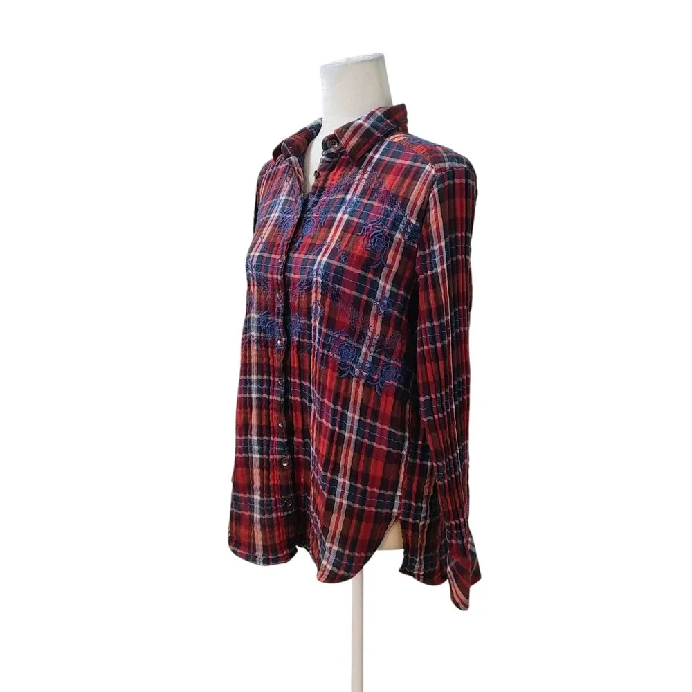 Free People Magical Plaid Button-Up Shirt Embroidered 4th of July‎ Patriotic S